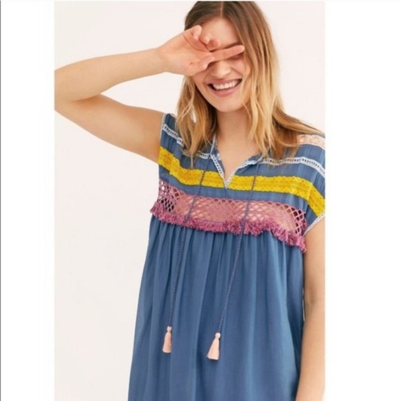 Free People Crochet Lace Boho Midi Dress Blue Pink - Picture 5 of 9